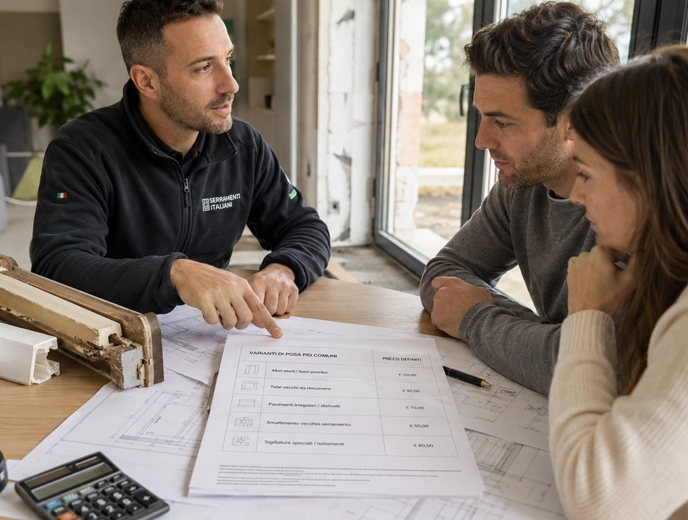 Tecnico THUNDRA spiega a due clienti il preventivo comparabile, voce per voce